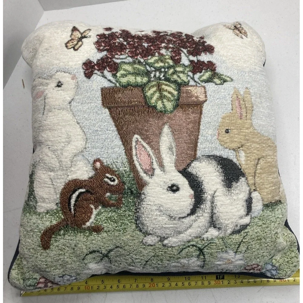 Vtg Kohl's‎ Chenille Easter Tapestry Throw Pillow Bunny Rabbits & Squirrel 16
